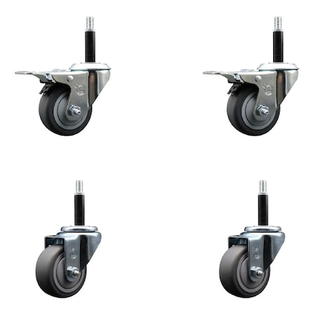 Service Caster 3'' Thermoplastic Rubber Swivel 3/4'' Expanding Stem Caster Set 2 Total Lock Brakes, 4PK SCC-EXTTL20S314-TPRB-2-S-2-34